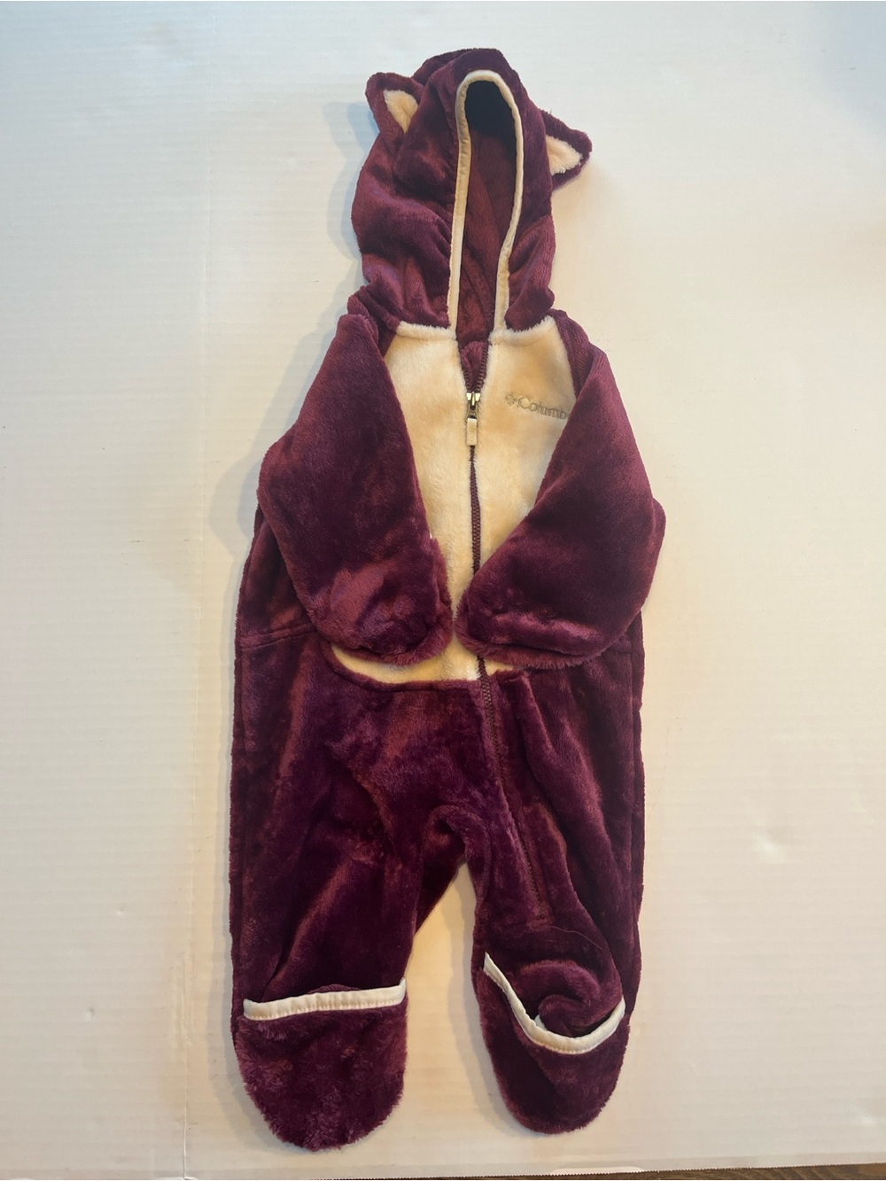 Columbia Plush Hooded Infant One-Piece in Burgundy and Cream